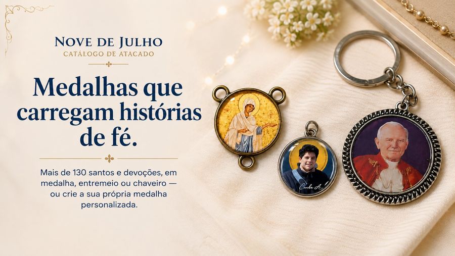 Nove de Julho — Catálogo de atacado. Medalhas que carregam histórias de fé. Mais de 130 santos e devoções, em medalha, entremeio ou chaveiro — ou crie a sua própria medalha personalizada.